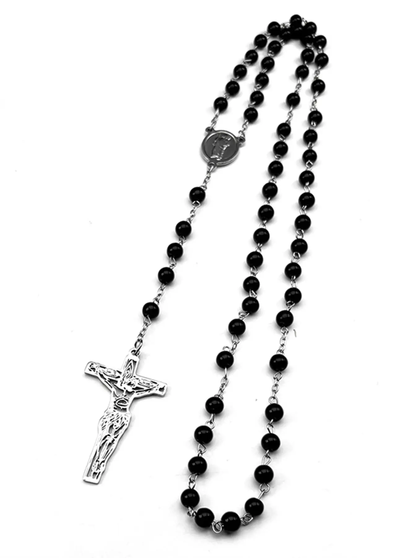 San Judas Tadeo Jesus Crucifix Cross Pendant Rosary Necklace for Men Women Stainless Steel Christian Beads Long Chain Faith Necklace Cross Necklaces Cross Medallion Pendant