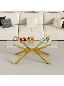 39.37-inch Rectangular Tempered Glass coffee table with Stylish Design & Metal Legs for Living Room Modern Durable Furniture