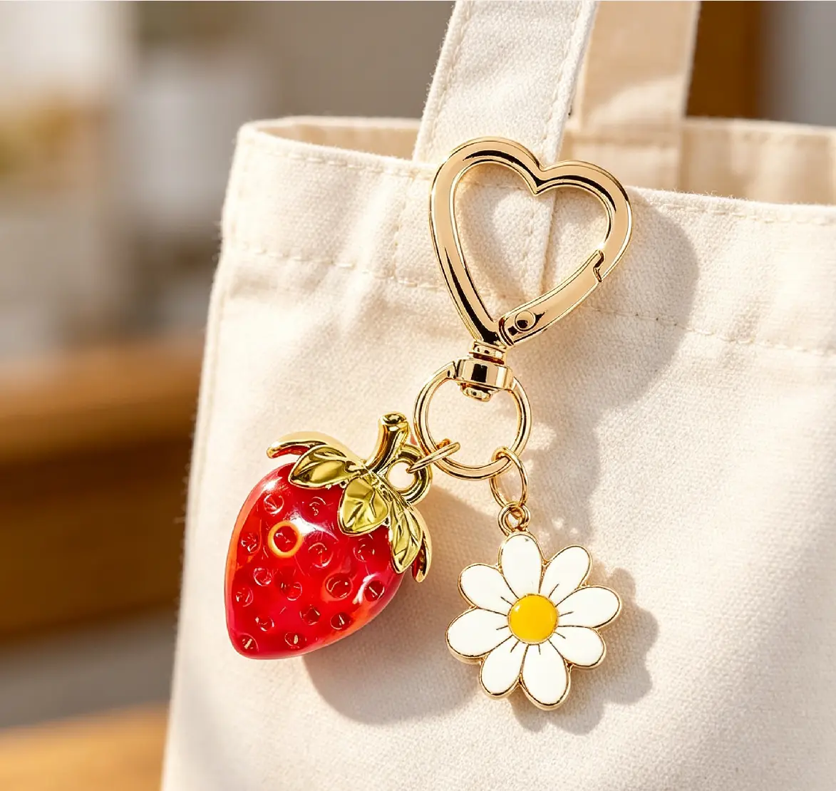 Cute Strawberry & Flower Design Keychain, Fashionable Keychain for Women & Girls, Trendy All-match & Exquisite Versatile Attachment Keychain for Birthday Gift, Cute Charms Keychain