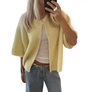 BlackFriday Women's Solid Color Cardigan Short Sleeve Round Neck Button Down Sweater Knit Tops Casual Knitwear Spring Womenswear Underwear Lady knit cardigan