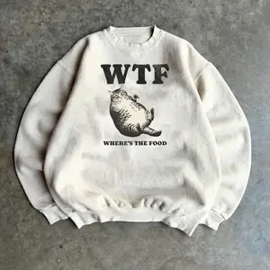 Retro Fat Cat Meme Sweatshirt, WTF - Where The Food, 90s Vintage Cute Kitten Pullover, Unhinged Unisex  Crewneck, Funny Cat Mom Shirt Graphic Aesthetic Top Preppy Women Clothes Wife Girlfriend Valentine Gifts for Her