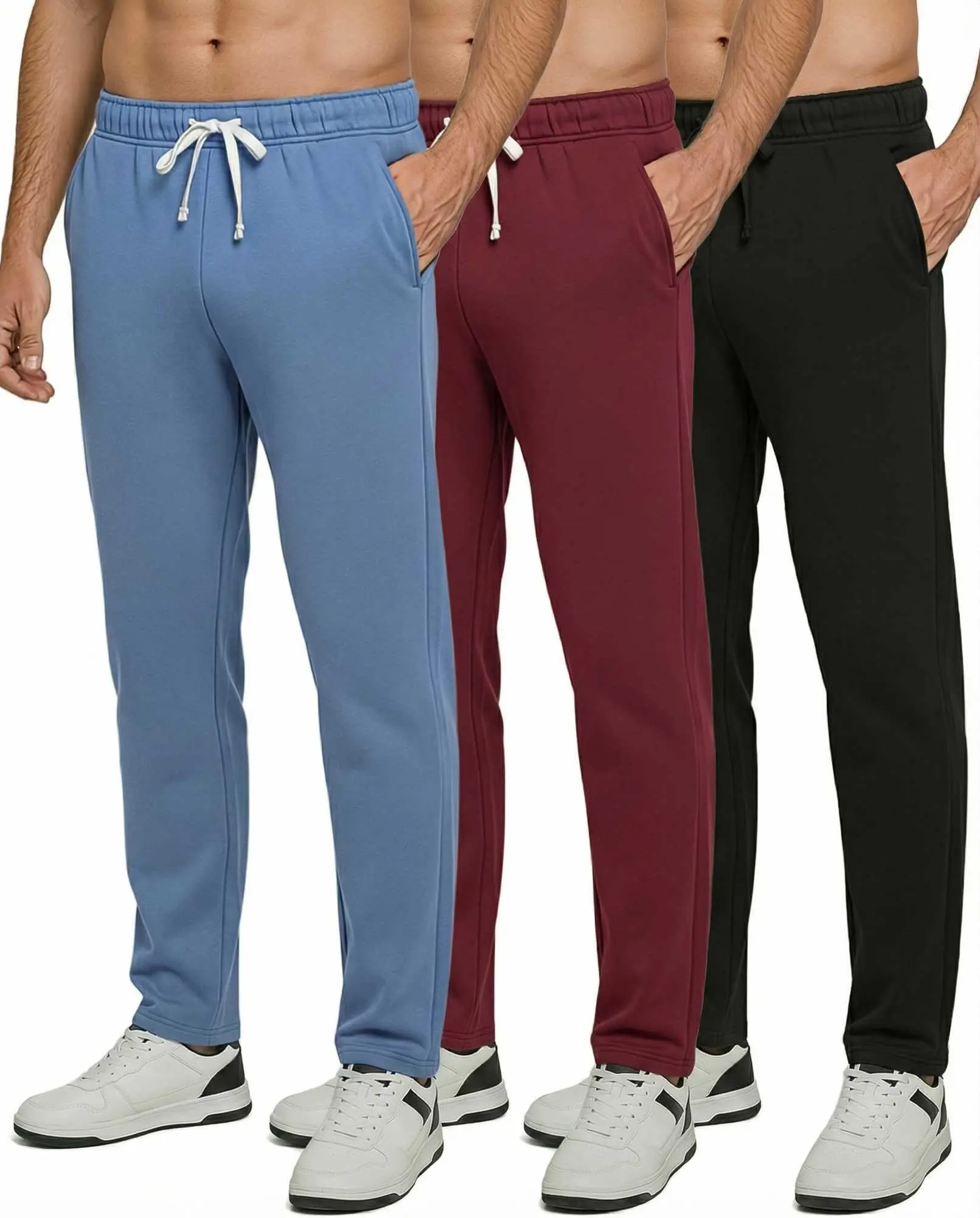 Real Essentials 3 Pack: Men's Tech Fleece Athletic Casual Open Bottom Sweatpants with Pockets (Available In Big & Tall)