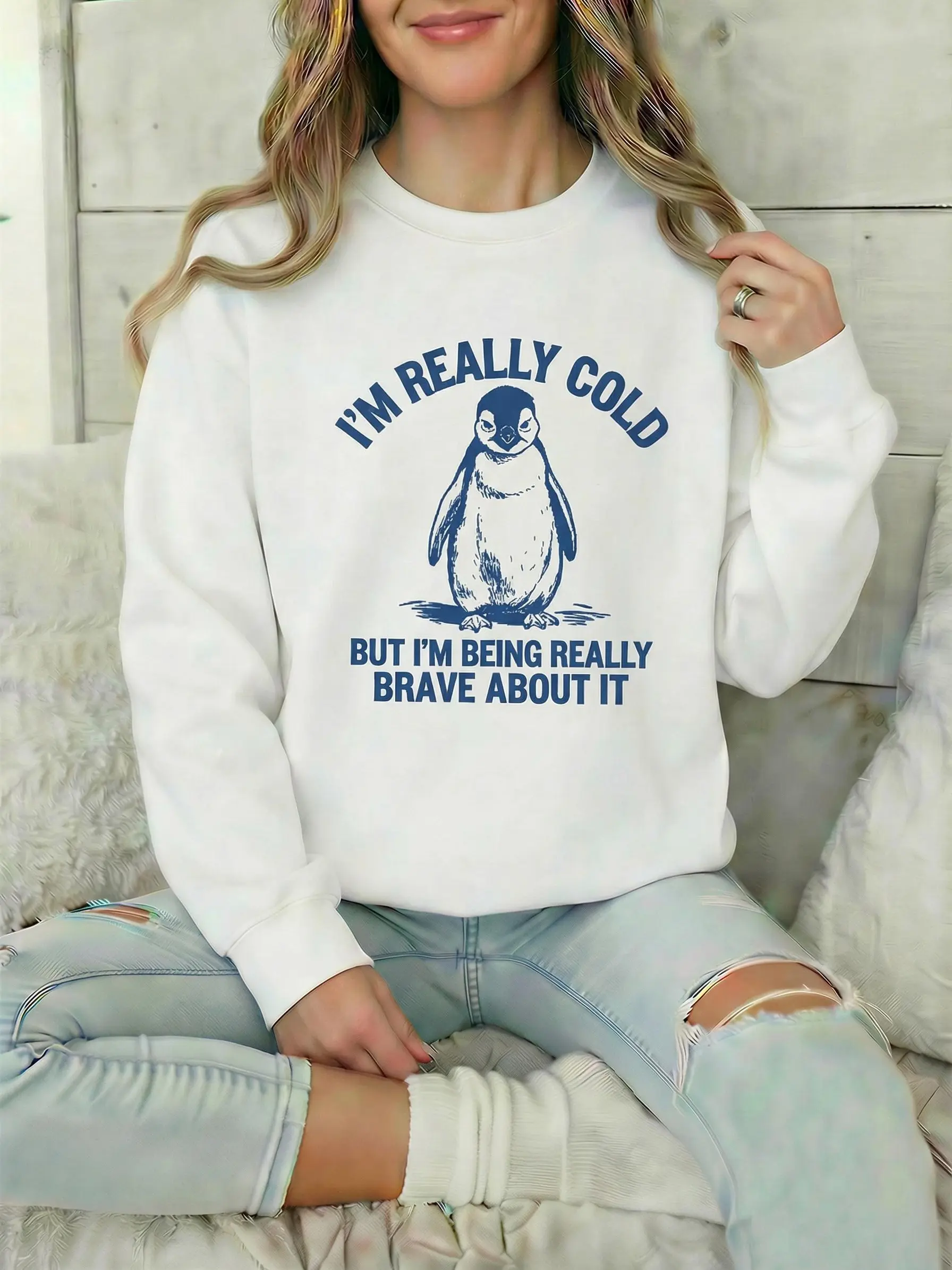 Women's Cotton Hoodie - Funny "I'm Really Cold But I'm Being Really Brave About It" Penguin Print, Solid Breathable Fabric, Comfortable Unisex Casual Vintage Retro Sweatshirt, Funny Gift Top