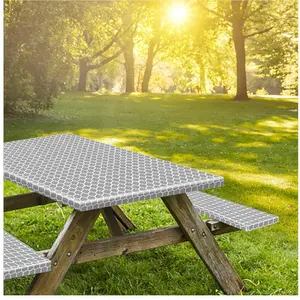 Picnic Tablecovers with Bench Covers, Elastic Fitted Tablecloth for 6 Foot Tables, Polyester Tablecloths for Camping, Indoor & Outdoor (30x72 Inch, GreyMorocco)
