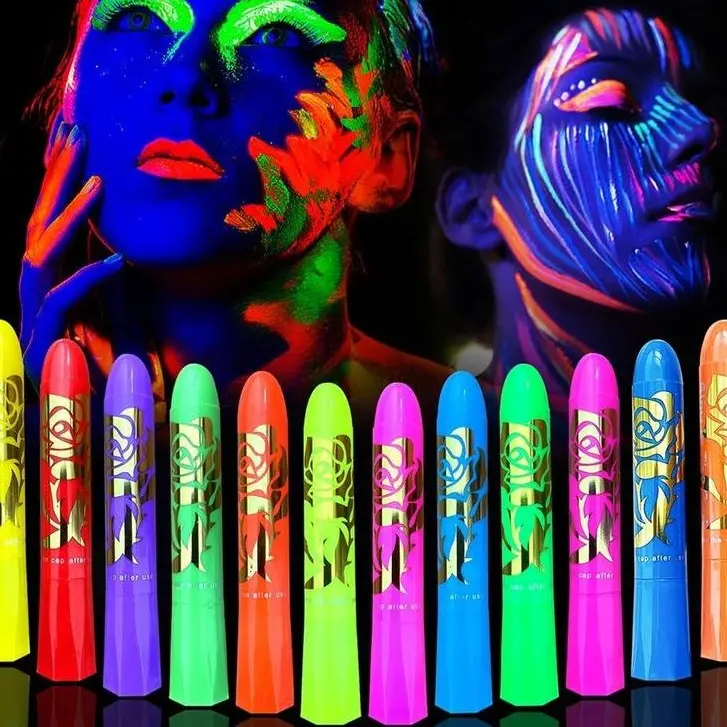 12pcs Glow-In-The-Dark Body & Face Paint Sticks - Neon Fluorescent Crayons for Halloween, Mardi Gras, Birthday Parties - Blacklight Makeup Kit for Adults, Party Makeup | Neon Glow Paint | Glow in The Dark Paint Glitter Beauty face paint Body Highlighter,s