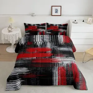 Red Black and Grey Comforter,Geometric Artistic Smear Comforter Set,Abstract Graffiti Art Luxury Bedding Set,Modern Designer Bedding Sets