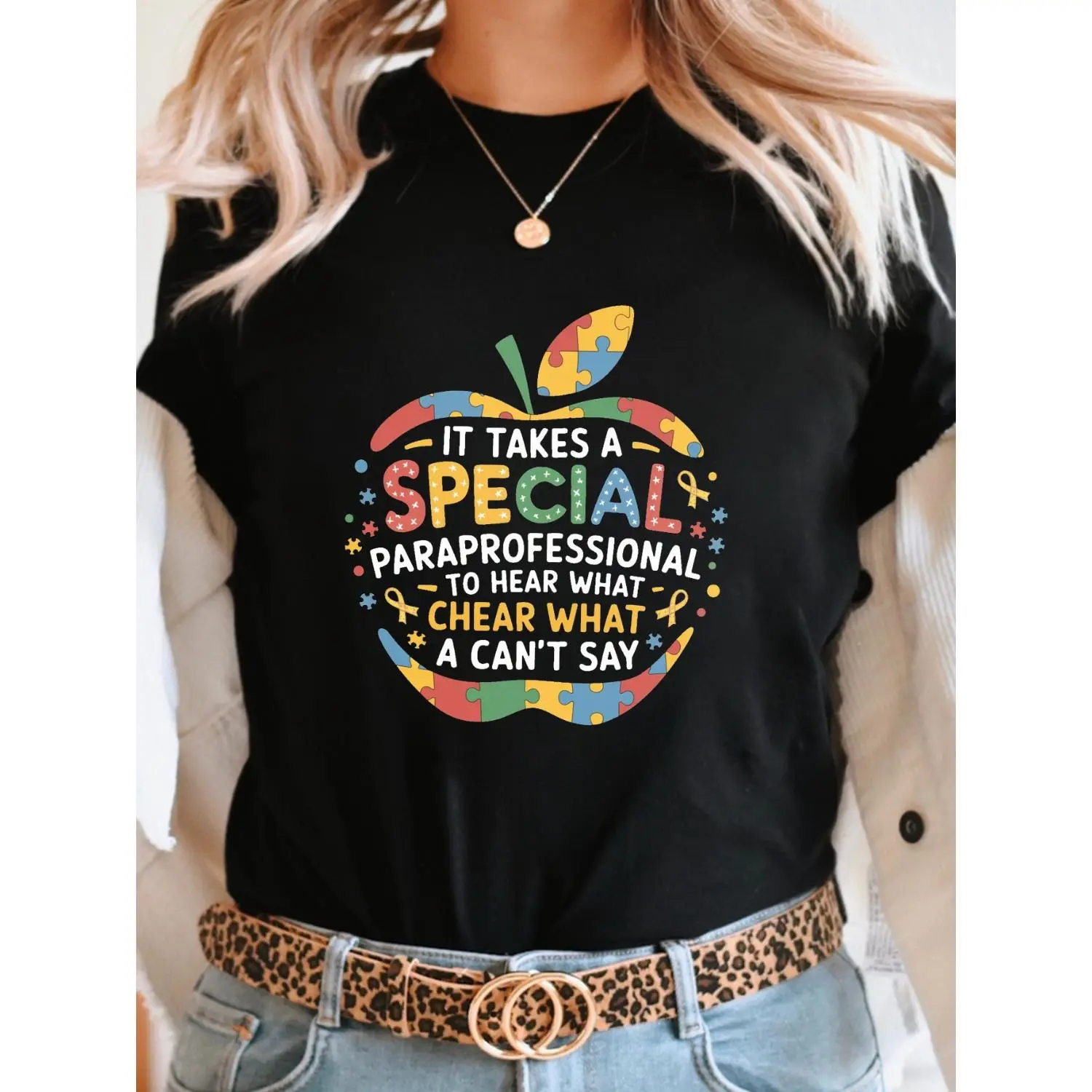 Women S Unique Paraprofessional Cotton T Shirt Featuring Apple Puzzle Print and Tree Design Versatile Short Sleeve Crew Neck Top with Medium Stretch Comfort for Spring and Summer Casual Wear
