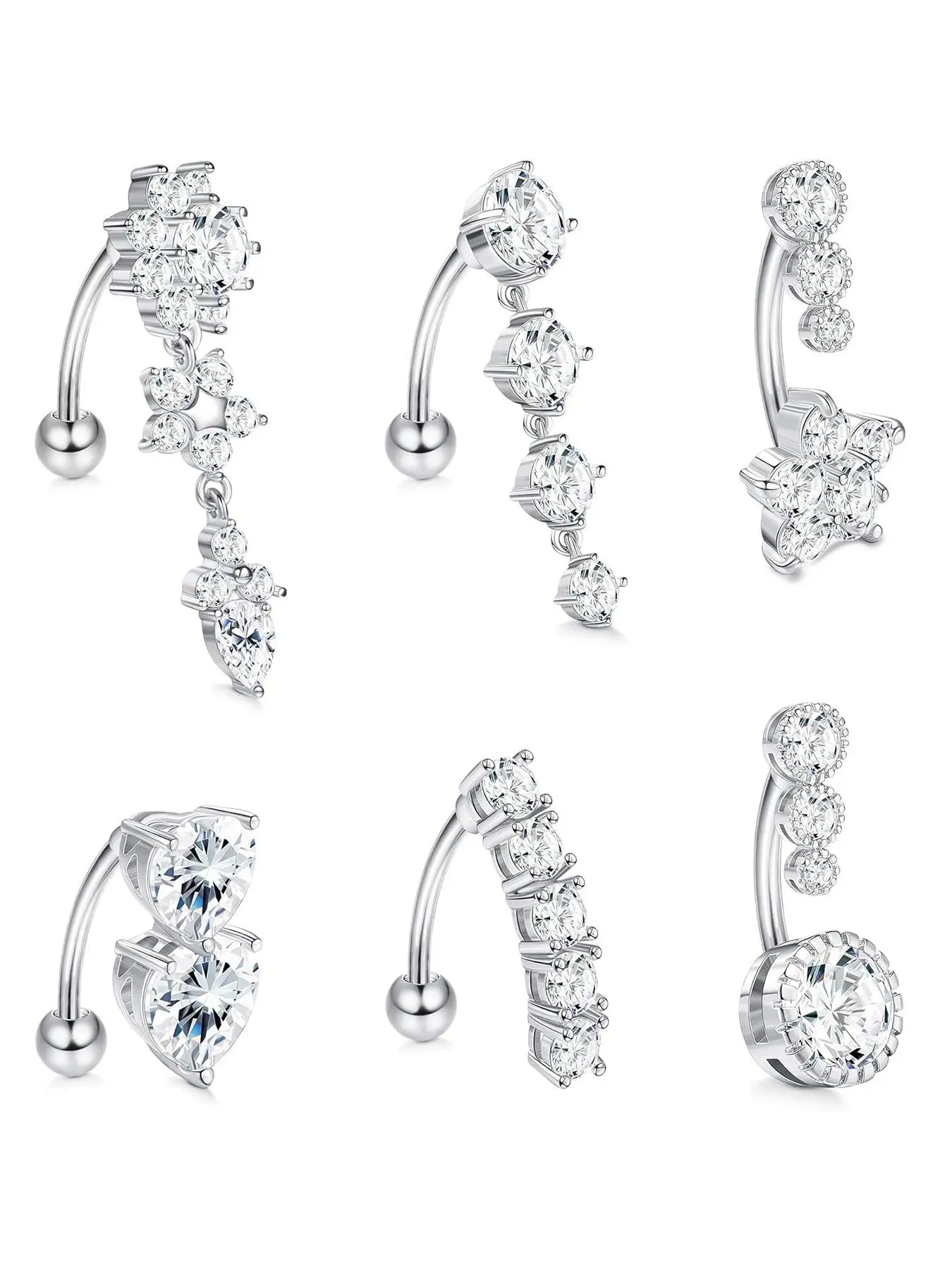 6pcs/set Rhinestone Decorated Heart-shaped Upside-down Belly Button Ring, Belly Hoops, Belly Rings, Women Belly Piercing Body Jewelry, Navel Piercing Jewelry, Elegant All-match Fashion Accessories for Daily Wear