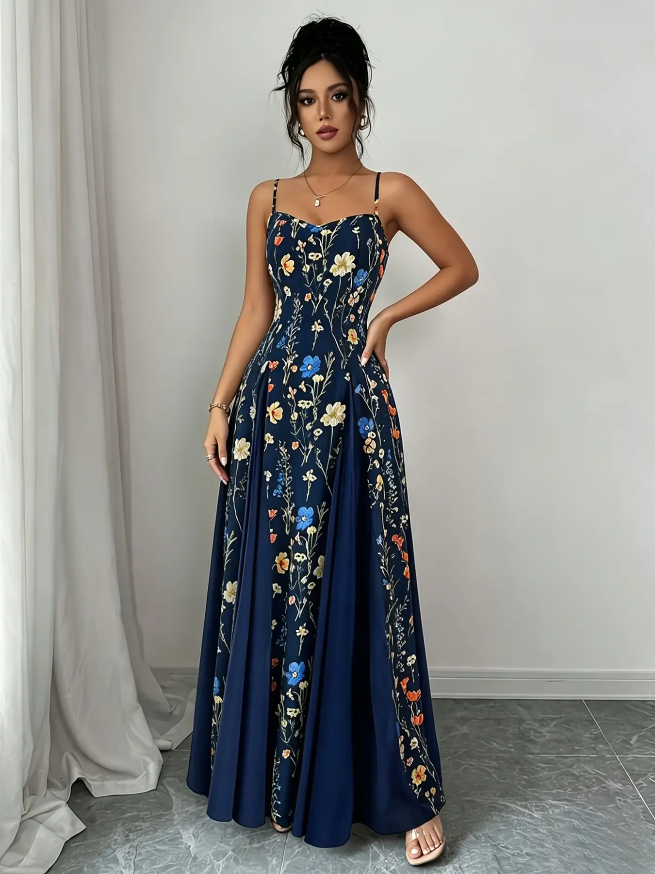 French Retro Flower Print Embroidered Floral Sleeveless Spaghetti Strap Formal Dress for Women, Waist-Cinched A-Line Skirt for Office, Date, Vacation, or Evening Gala Occasions