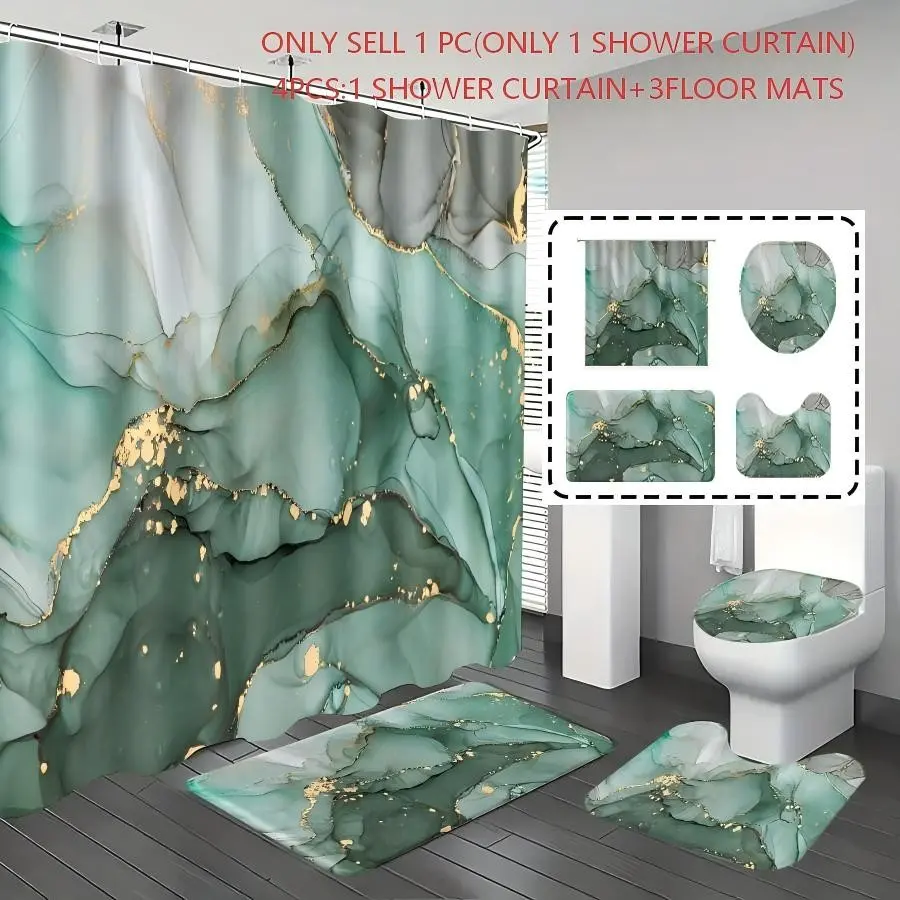1pc/4pcs, bathroom curtains shower, bathroom set, shower curtain sets, Boho Shower Curtains For Bathroom, Aesthetic Bathroom Decor, bathroom rug, green watercolor marble pattern, theme decoration, with 12 hooks