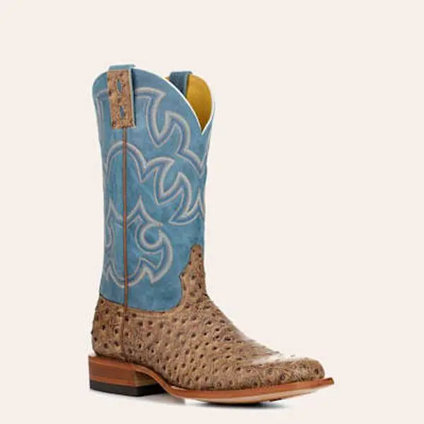 Cavender's Men's Endurance Blue and Sand Ostrich Print Wide Square Toe Cowboy Boots