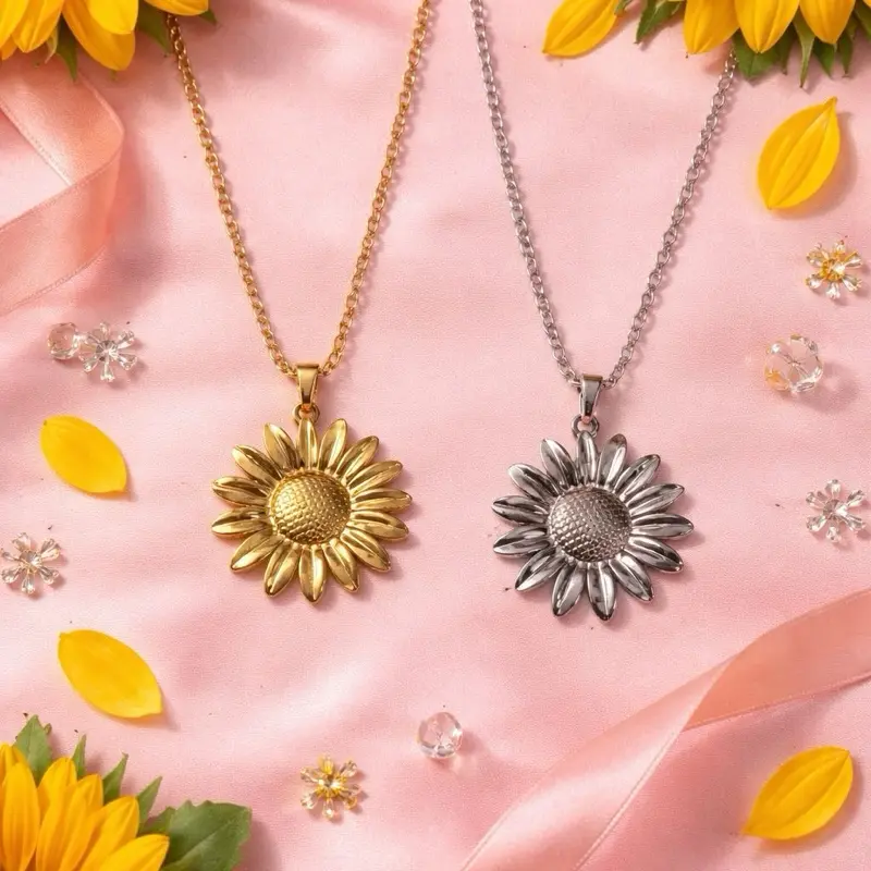 Stainless Steel Sunflower Necklace & Earring Set - Gold & Silver Color Options - Perfect for Everyday Wear