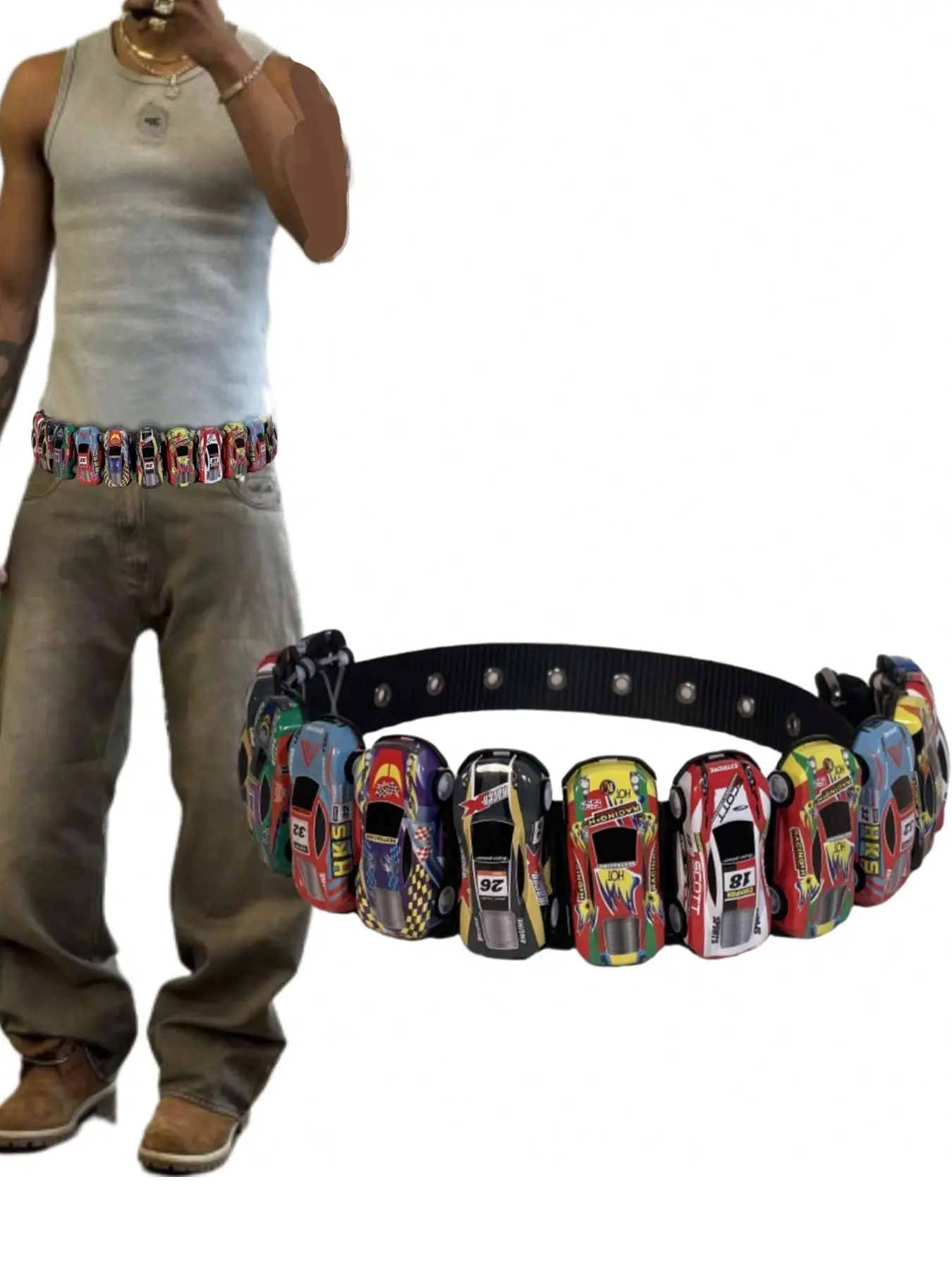 Handmade Colorblock Mini Racing Belt, Men's Vintage Y2K Punk Style, Street Fashion Accessory, Durable Buckle, Unisex Waistband, Durable Belts, Printed Belt, Trendy Belt, Belt with Buckle