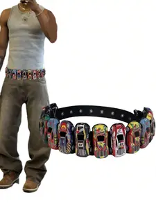 Handmade Colorblock Mini Racing Belt, Men's Vintage Y2K Punk Style, Street Fashion Accessory, Durable Buckle, Unisex Waistband, Durable Belts, Printed Belt, Trendy Belt