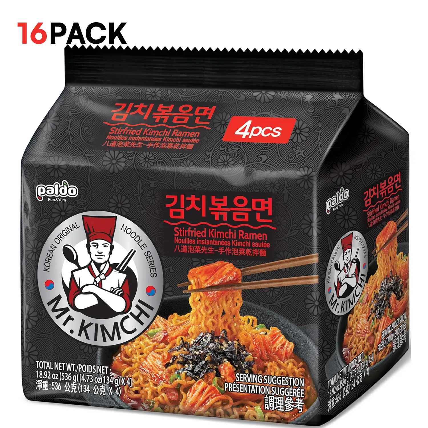 Paldo Fun & Yum Mr. Kimchi Ramen Stir Fried Instant Noodles, Stir-fried Kimchi Flavored, Soupless Original Korean Ramyun, Spicy Ramen Challenge, Family Pack 134g (4.72 oz) x 16