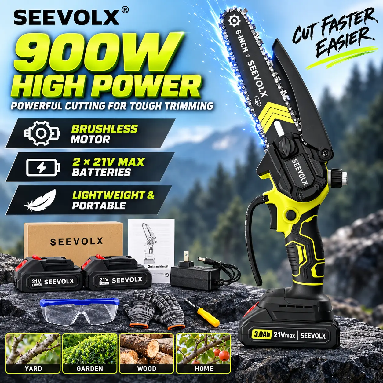 SEEVOLX Brushless Mini 6" Cordless Chainsaw with Oil System, 2×21V Lithium Batteries & Charger, Portable Electric Pruning Saw Full Kit, ABS Ergo Grip, Ideal for Gardening, Seniors Holiday Gifts
