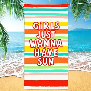 1pc "Girls Just Wanna Have Sun" Beach Towel - 30x60 Inch Lightweight Microfiber, Sandproof & Quick-Drying, Vibrant Geometric Stripes with Bold Letter Print