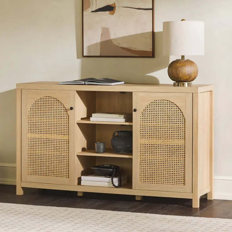 Walker Edison SAHD5DCO 58 in. 4-Door Sideboard - Coastal Oak, Faux Wood, Large Capacity, Light Wood, Modern, with Arched Rattan Panels, Faux Wood Sideboards, Large Capacity Sideboards