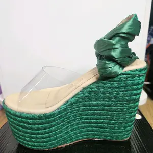 Emerald Green Satin Wedge Sandals with Clear PVC Strap and Ruched Design for Women