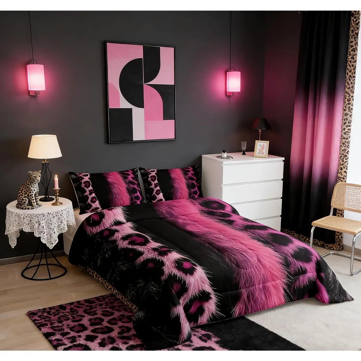 3D Pink Leopard Print Bedding Set Adult Leopard Print Comforter Set Animal Pattern Duvet Set Animal Fur Pattern Quilt Set