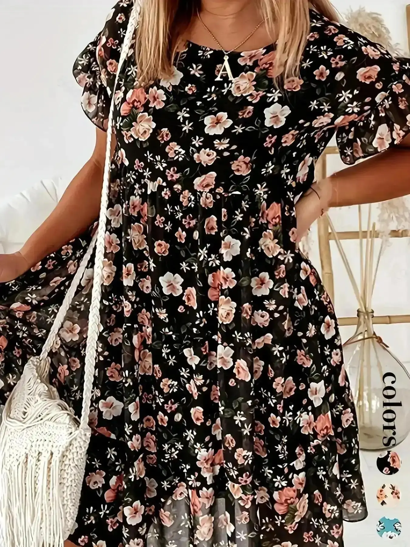 Women Floral Print Ruffle Smock Dress 2026 Casual Fashion Short Sleeve Round Neck Knee Length Summer Beach Holiday Vacation Womenswear