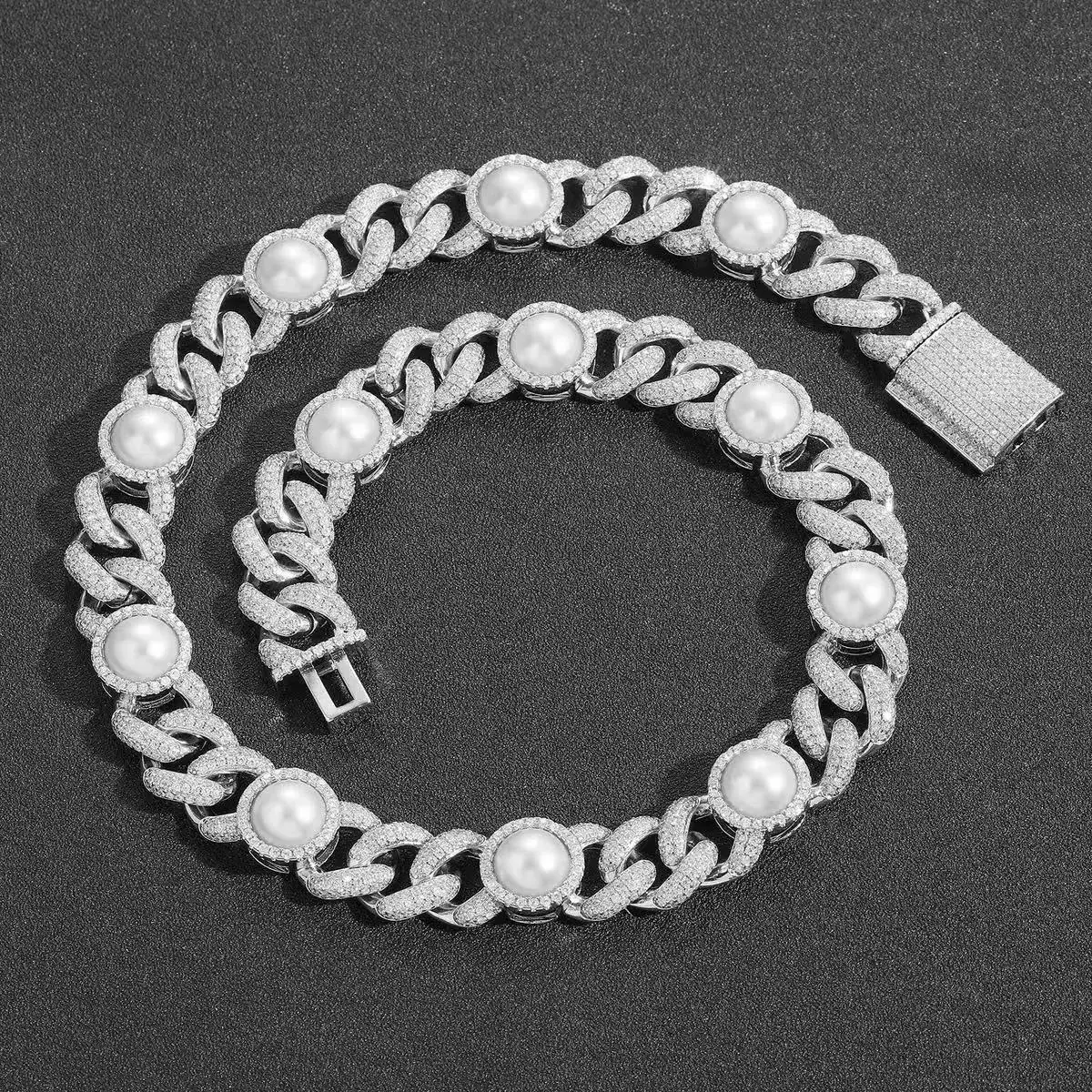 M2-9201 Pearl-Embellished Cuban Chain - Bling Hip Hop Style Necklace, Trendy Streetwear for Rappers & Fashion Lovers