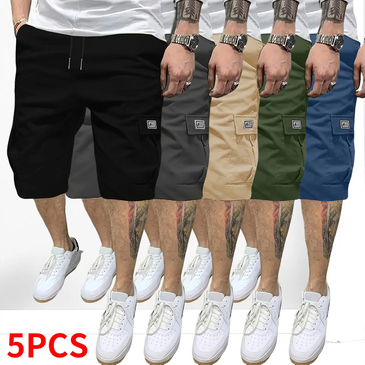 5-pack men’s cargo pants, men’s shorts, multi-pocket cargo shorts, fashion icon styles, loose summer multi-pocket shorts, solid-color cargo shorts, outdoor men’s work pants