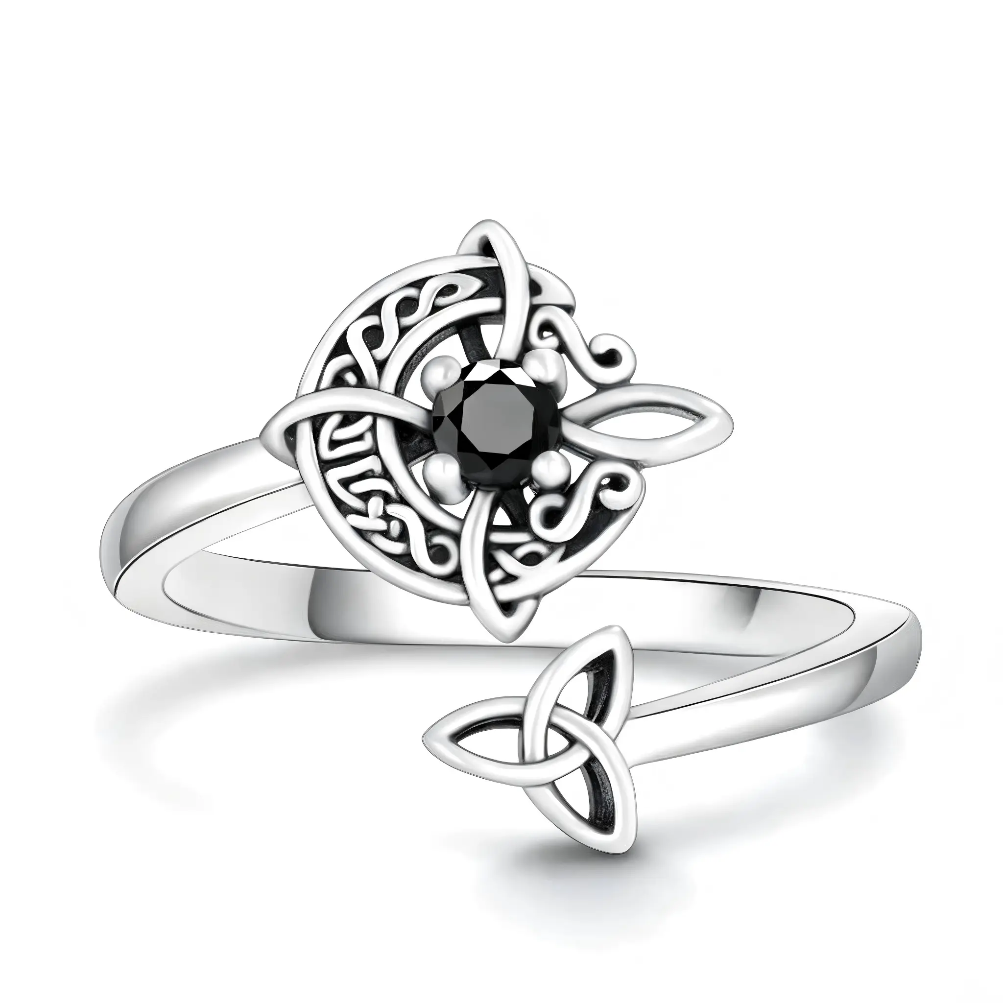 Women's Adjustable Vintage Silver-Tone Obsidian Witches Knot Goth Celestial Stone Ring - Daily Wear Protection Ring, Fashion Costume Jewelry Accessory, Ideal Gift for Women