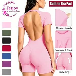 Jetjoy Seamless Long Sleeve Backless Romper, Built-in Sports Removable Pad Seamless Jumpsuit Tummy Control Romper for Women Workout Yoga Gym Seamless One Piece Jumpsuit Tummy Control Gym Shorts for Women, Workout Yoga Gym Seamless One Piece