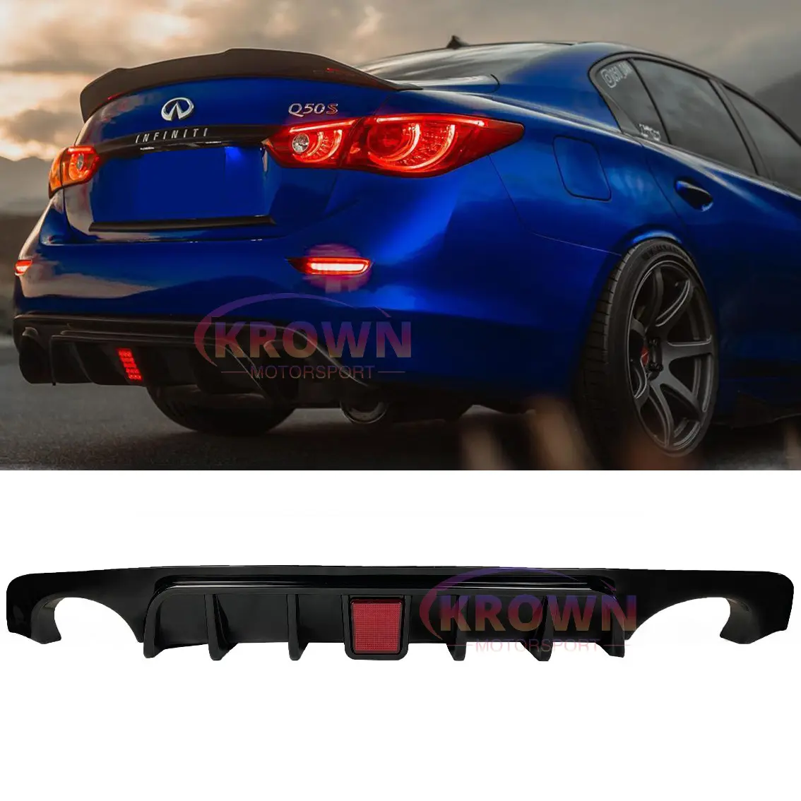 FITS 2018-2024 INFINITI Q50 GLOSSY BLACK SHARK FIN REAR DIFFUSER W/ LED BRAKE LIGHT
