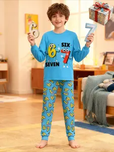 Kids 67 Print Long Sleeve Tee & Pants Pajama Set, Cute Storybook Style Sleepwear for All Seasons, Perfect Gift for Book Lovers & School Events, World Book Day Pajamas for Kids