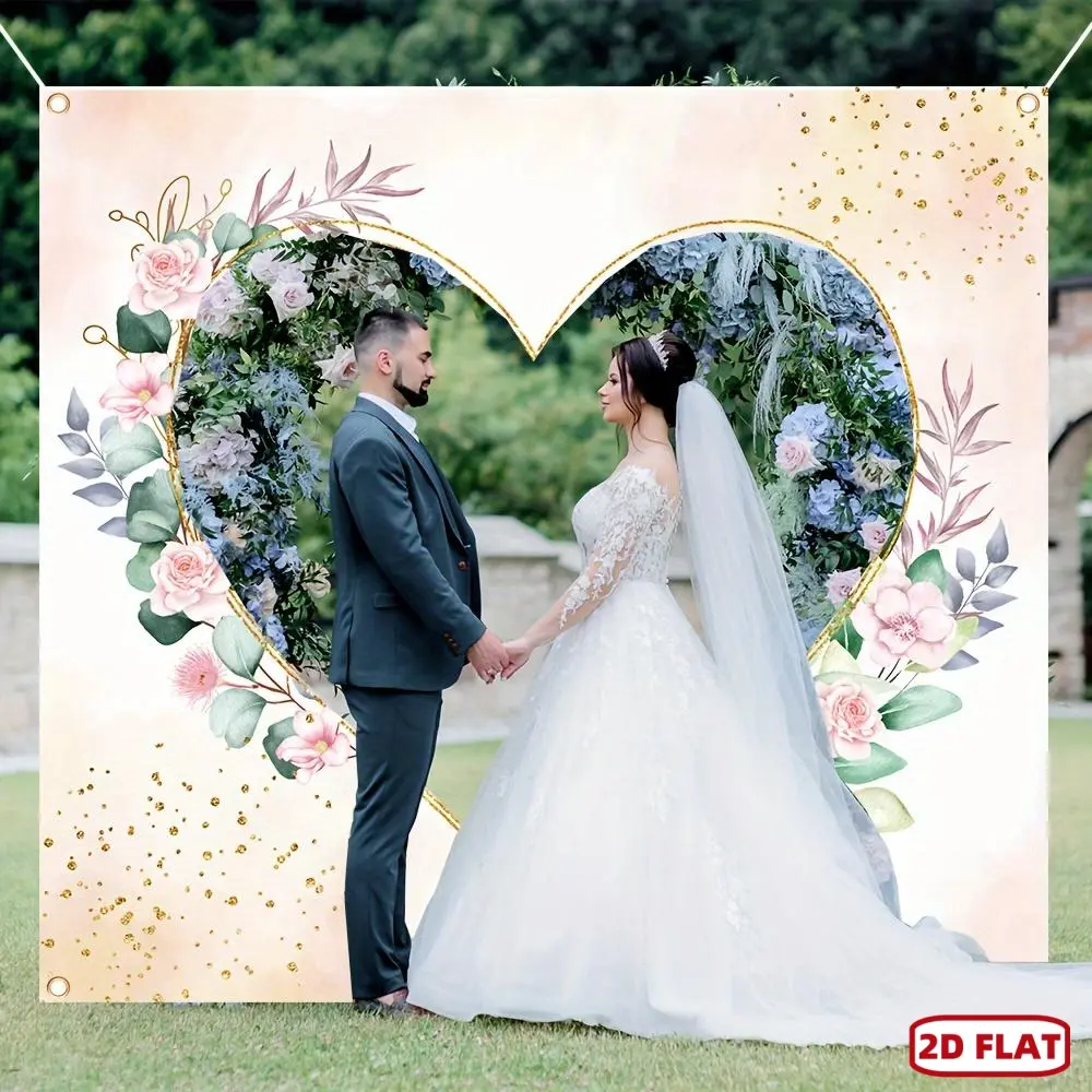 1pc Durable Flat Wedding Banner Backdrop - Scissors-Compatible Decorative Textile with Bride & Groom Heart Cutouts for Wedding Photos, Party Use