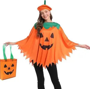 Adults Pumpkin Poncho For Women 3PCS Halloween Unisex Pumpkin Costume With Pumpkin Knit Hat And Candy Bag Womenswear Accessories