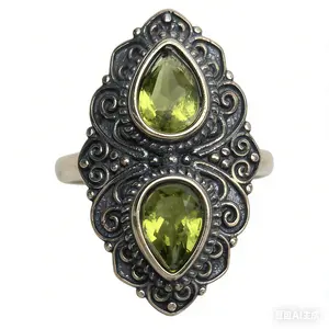 Vintage 925 Sterling Silver Double Natural Gemstone Citrine/Garnet/Amethyst/Peridot Ring Adjustable
