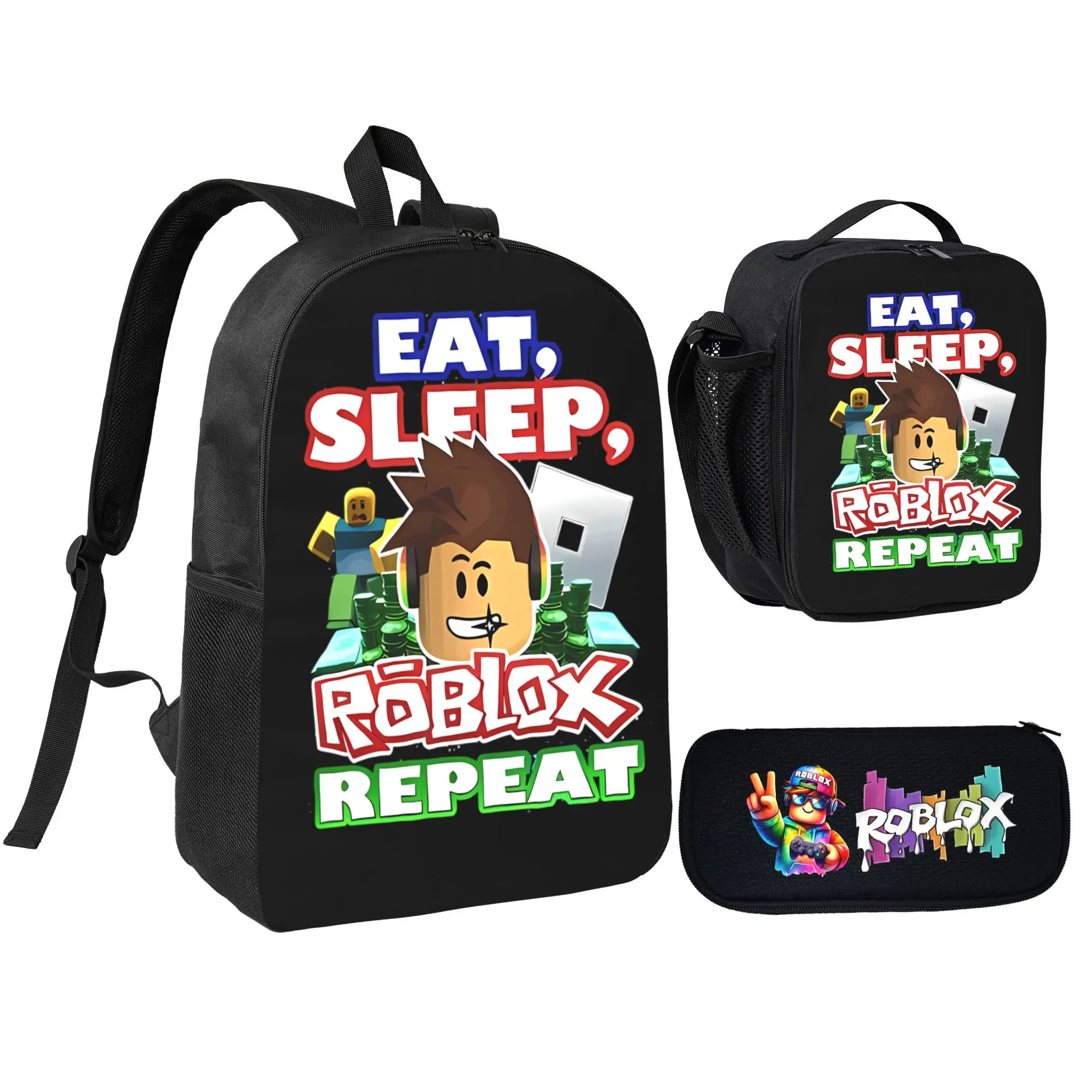 Roblox Backpack Set 3 PCS with Schoolbag Lunch Bag Pencil Case Back to School for Teenagers Students Durable Bookbag