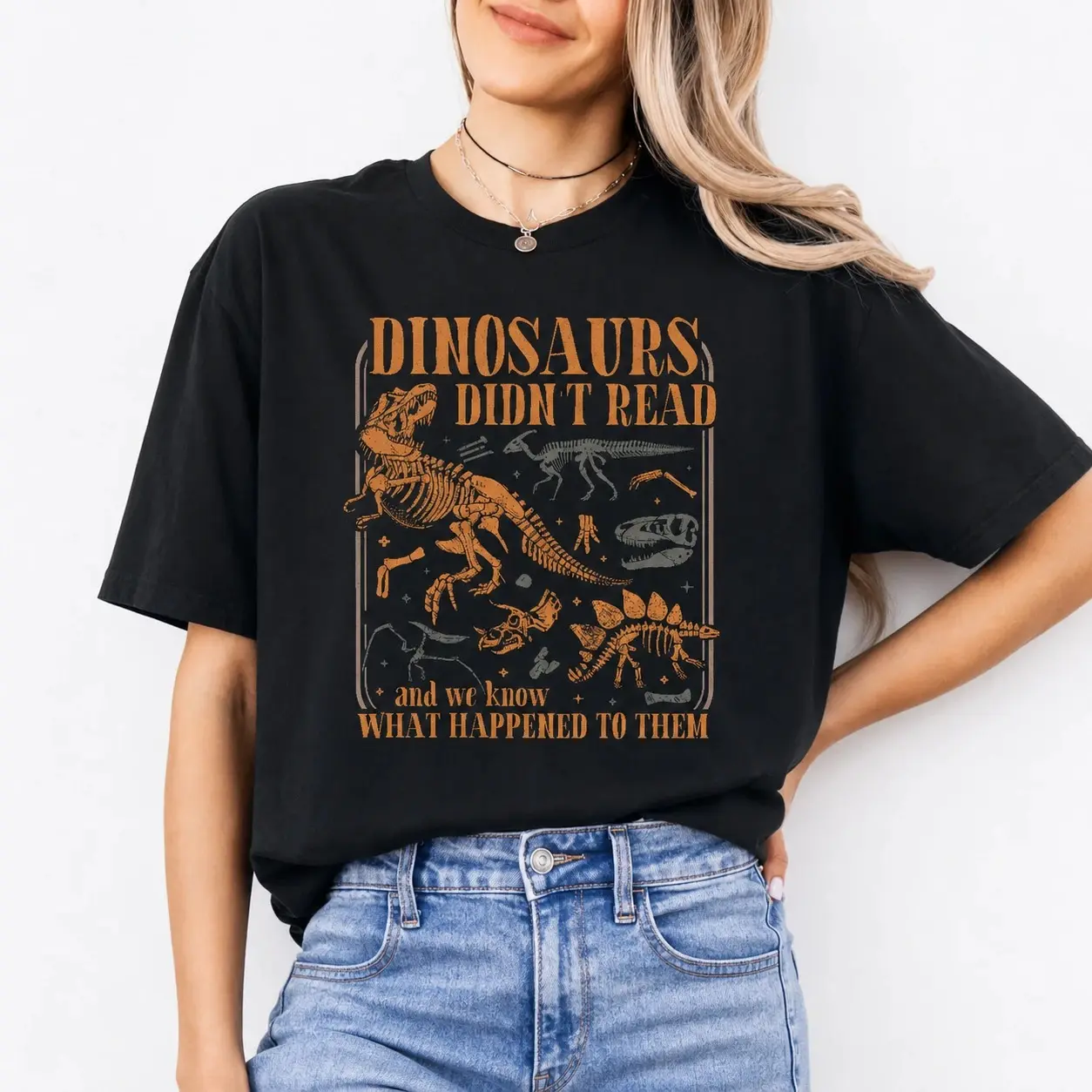 Dinosaur Reading Joke T-Shirt for Fossil Fans, Science Nerds, Paleontology Lovers and Museum Gift Tee - Ahri Clothing