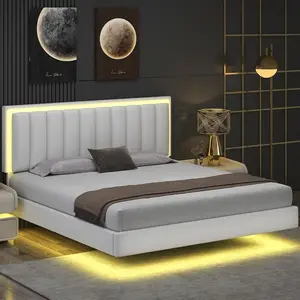 [Summervibes] Belffin Bed Frame King Size with LED Lights, Upholstered King Bed Frame and Headboard, Solid Wood Slats Support, No Box Spring Needed, Noise-Free, Easy Assembly, White