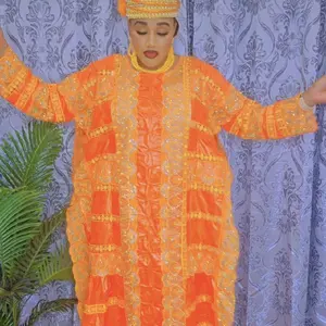 Orange Bazin Grand Bubu Dress 3pcs Set with Skirt & Head Wrap Traditional African Fashion