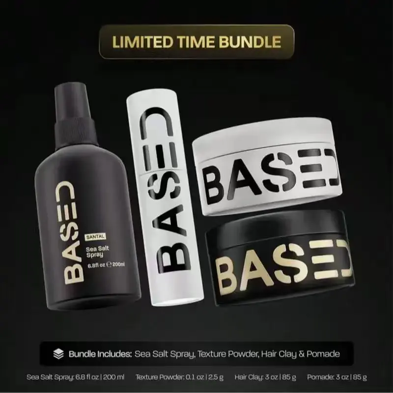 BASED Ultimate Men's Straight/Wavy Styling Bundle - Texture Powder, Hair Clay, Pomade, Sea Salt Spray - Premium Non-Toxic Care Kit Gel