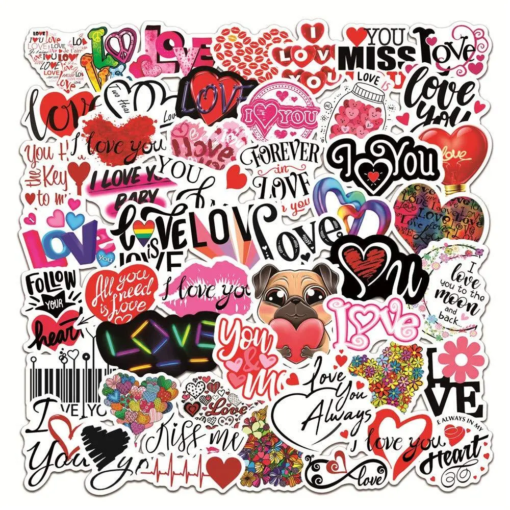 Love Stickers Pack Bulk | 50pcs I Love You Relationship PVC Vinyl Waterproof Sticker BFF for Envelopes Water Bottle Laptop Scrapbooking Supplies for Adults Couple Family Bestfriend Girl Stickers Love