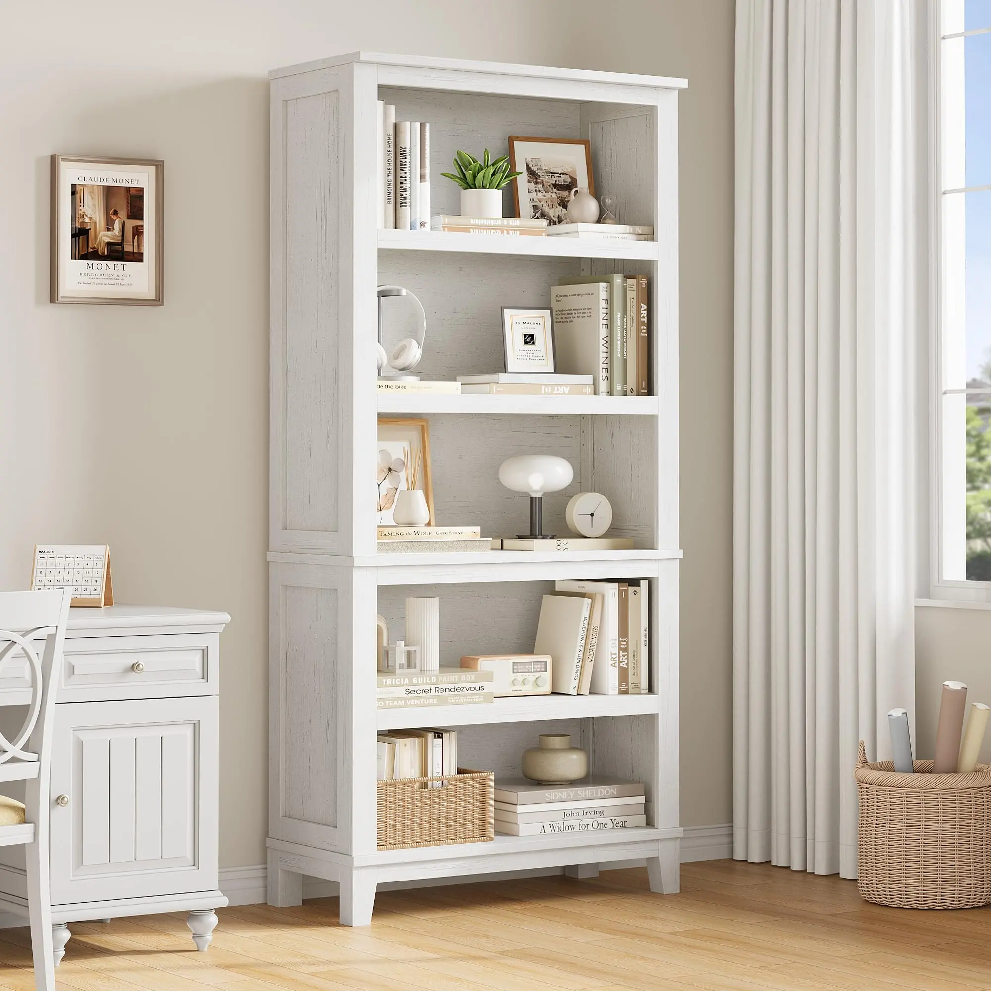 Rustic Vintage Farmhouse 5-Tier Storage Shelf - 71" Wide 31.5" Deep, Adjustable Shelves, Wooden Legs, Sturdy, Assembly Required, for Living Room, Home Library, Indoor Furniture, Bookshelf, Retro