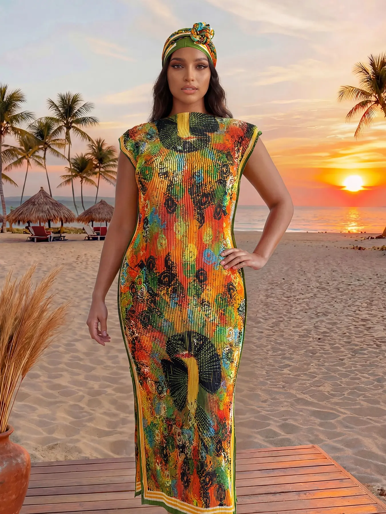 Peacock Print Casual Set with Slim-Fitting Maxi Dress and Scarf, Stylish Beach Cover-Up for All Seasons, Trendy Women's Beach Outdoor Wear, Beachwear Cover Up, Beach Cover Ups