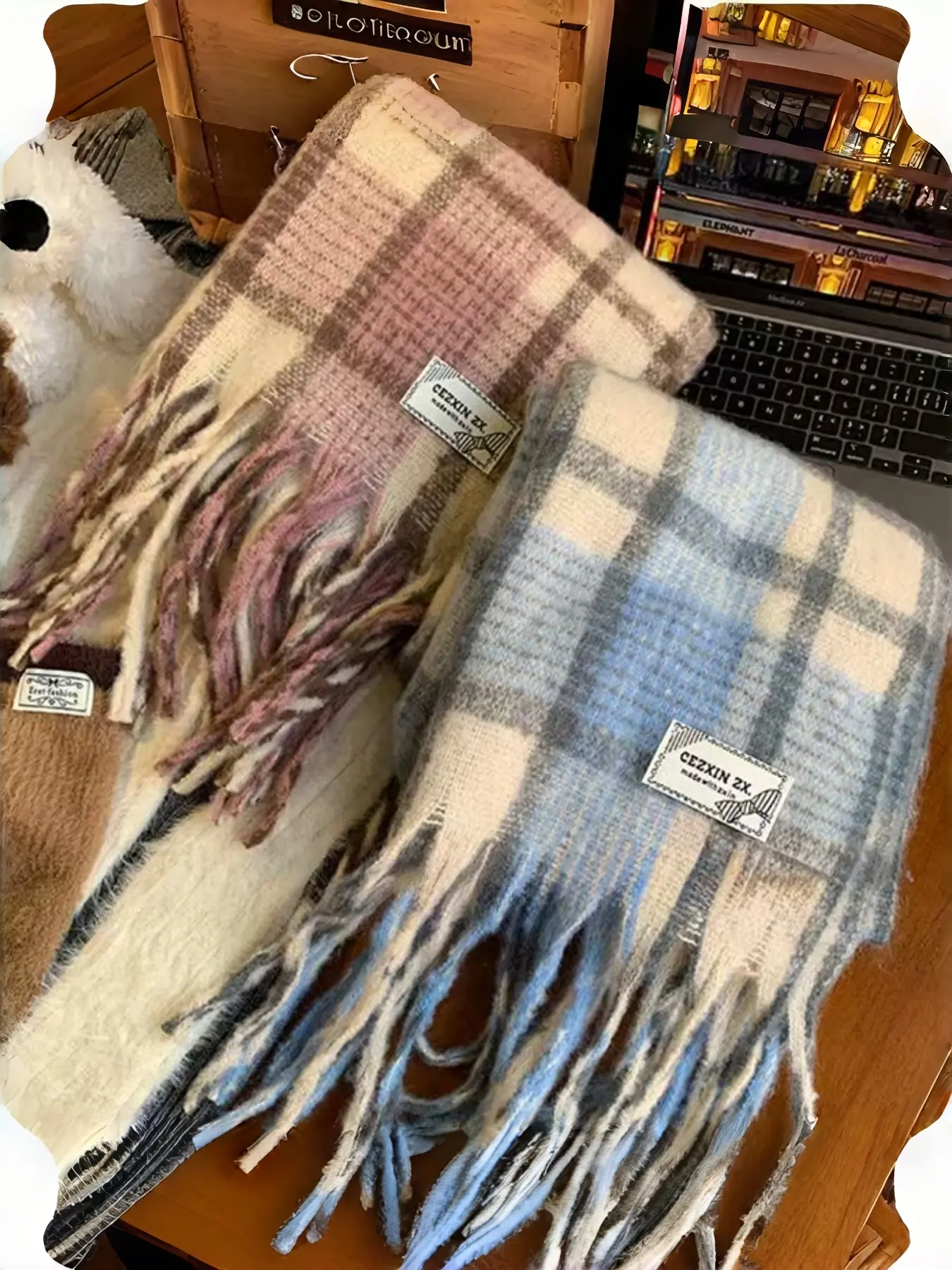 Women's Plaid Mohair Scarf New Winter Korean Style Warm Versatile High-End Long Thick Soft Fluffy Shawl Neck Warmer