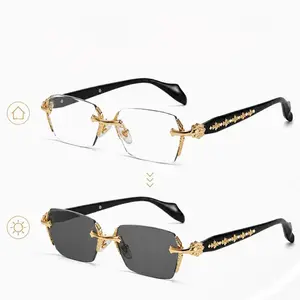 Unisex Metal Frame Blue Light Blocking Glasses - Photochromic Protective Sunglasses with Decorative Diamond Edges, Durable Rimless Outdoor Shades, High Quality Eyewear for Everyday Wear & Events