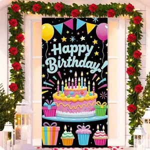 2D Flat Birthday Happy Door Banner Decoration, Cake and Balloon Design, Polyester, No Power Supply Required, Party Entrance Decor