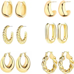 6 Pairs  Hoop Earrings for Women Lightweight Chunky Hoop Earrings Multipack, Thick Open Twisted Huggie Hoops Earring Set Jewelry for Gifts.