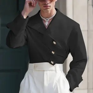 INCERUN Mens Creative Black Cropped Shirt with Asymmetric Design for Spring Autumn Parties | Halloween Top