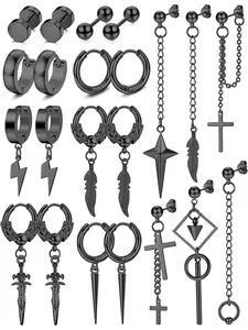 Men's Punk Style Stainless Steel Earrings, Cross & Feather & Compass Design Earrings, Cross Dangle Earring, Fashion Jewelry for Party, Daily Clothing Decor, Trendy Exquisite Jewelry for Gift, High Quality Earrings