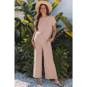 Smoke Gray Solid Corded Knit Short Sleeve T Shirt and Wide Leg Pants Set