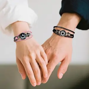 Luminous Sun and Moon Fashionable Couple Bracelet - Glow in the Dark Matching Braided Leather Jewelry for Couples, Adjustable Long Distance Love Gift for Him & Her, Couples Bracelets (black,pink)